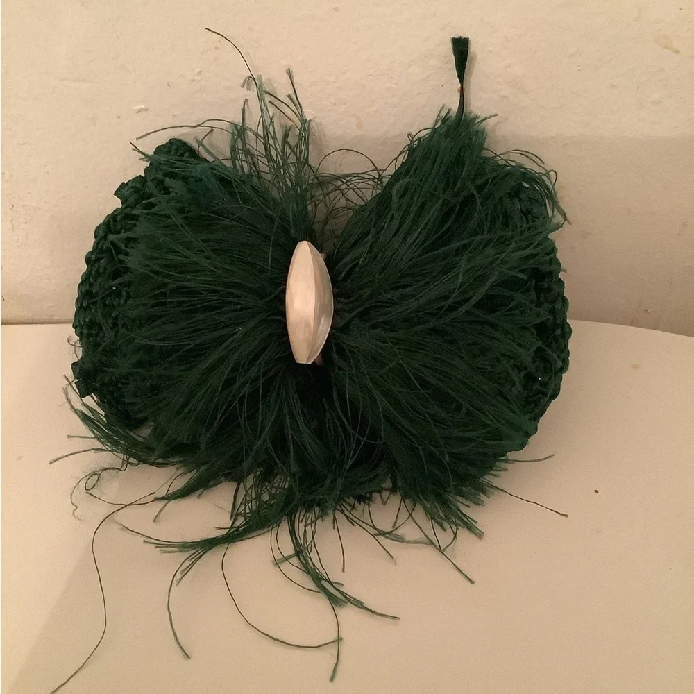 Vintage made in France large silk knit fringe pearl center hair barrette 7x4